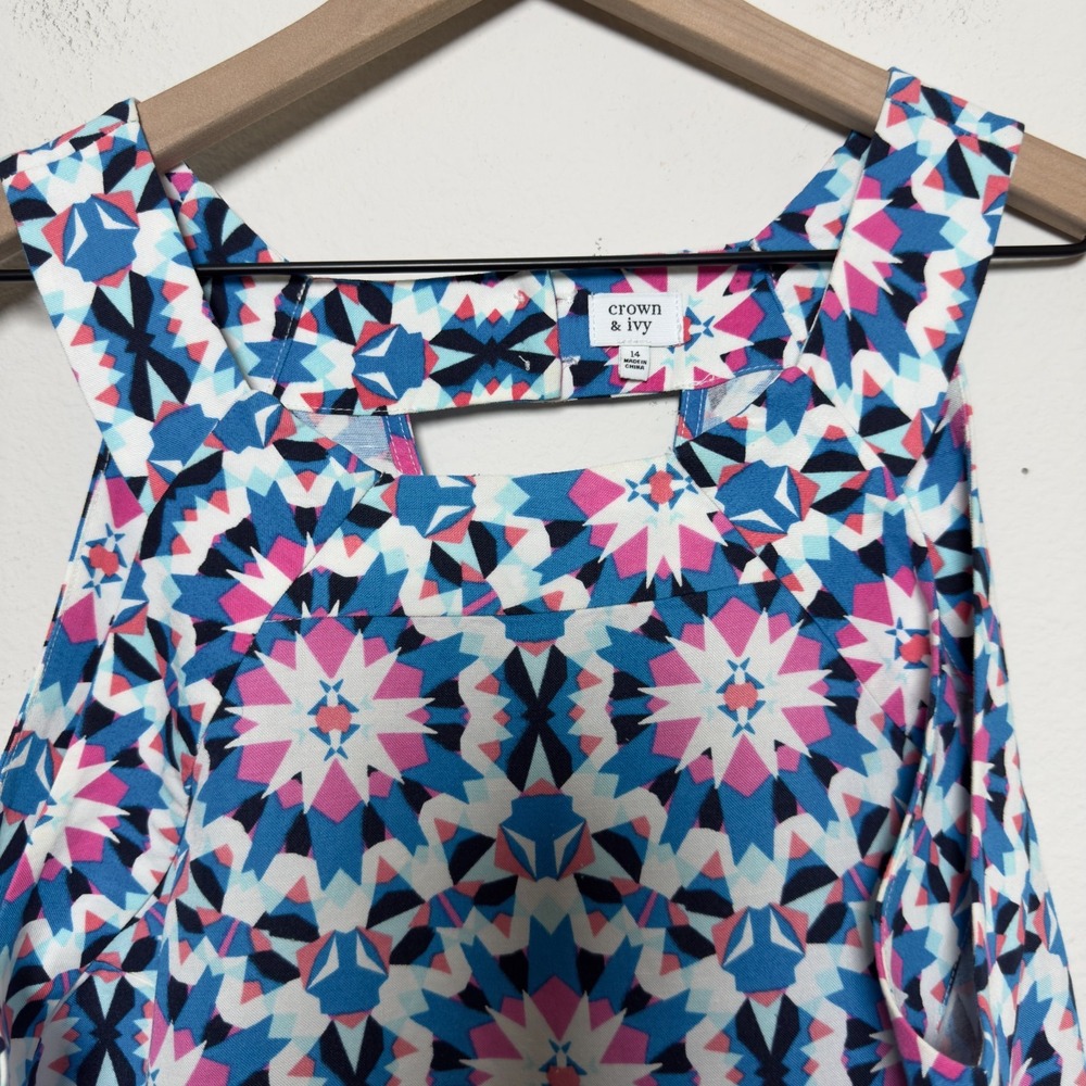 Crown and Ivy Women Linen Shift Dress 14 Geometric Preppy Resort Vacation - Picture 2 of 9